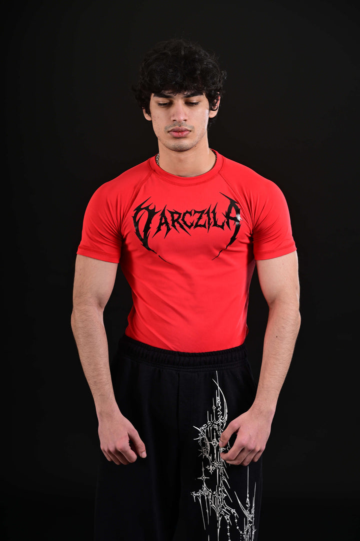 Red half sleeve compression shirt for gym workouts in Pakistan