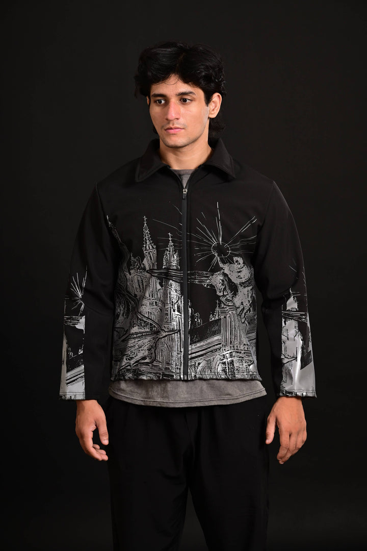 Hercules black graphic jacket for men with artistic print