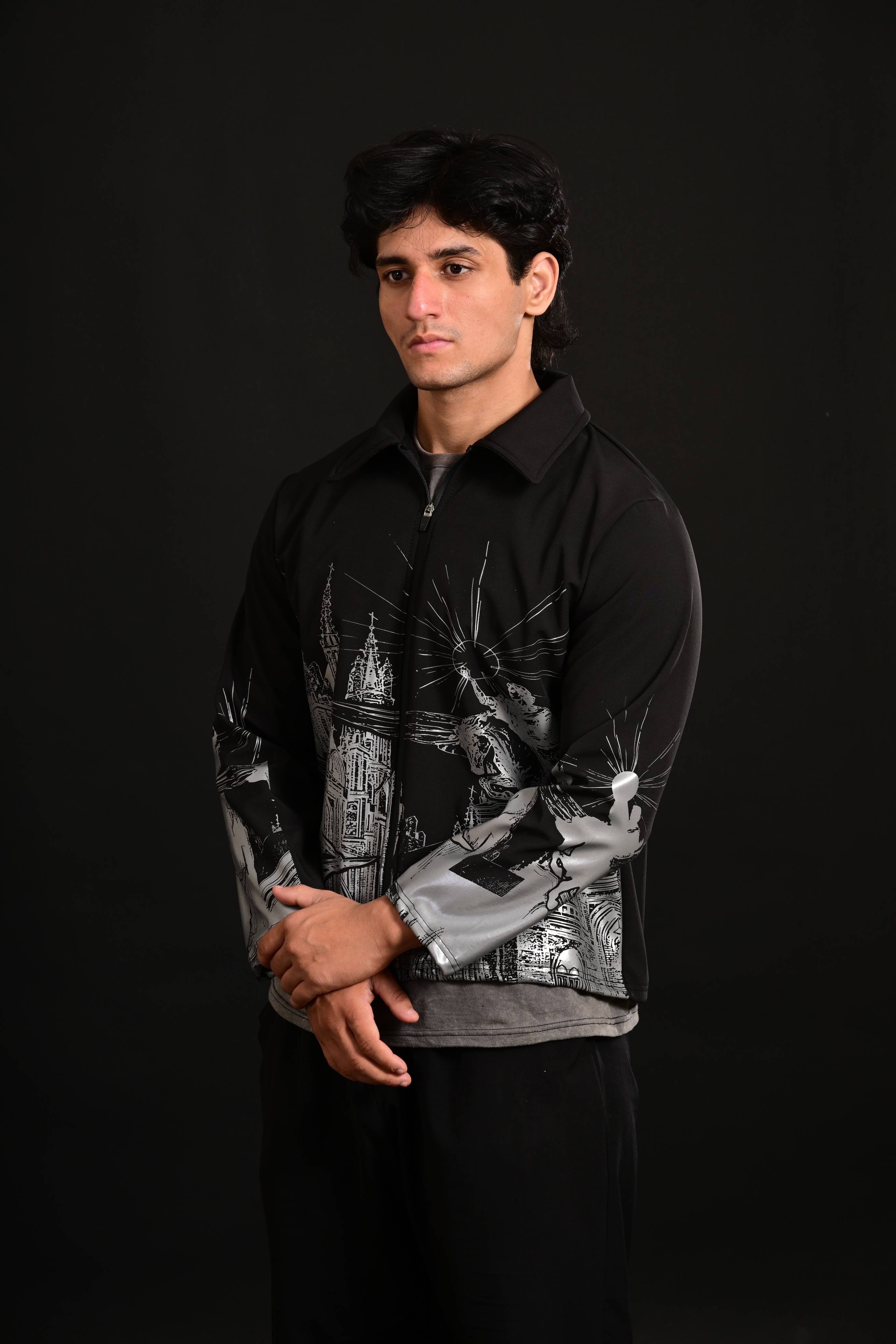 Men wearing printed black winter jacket street style