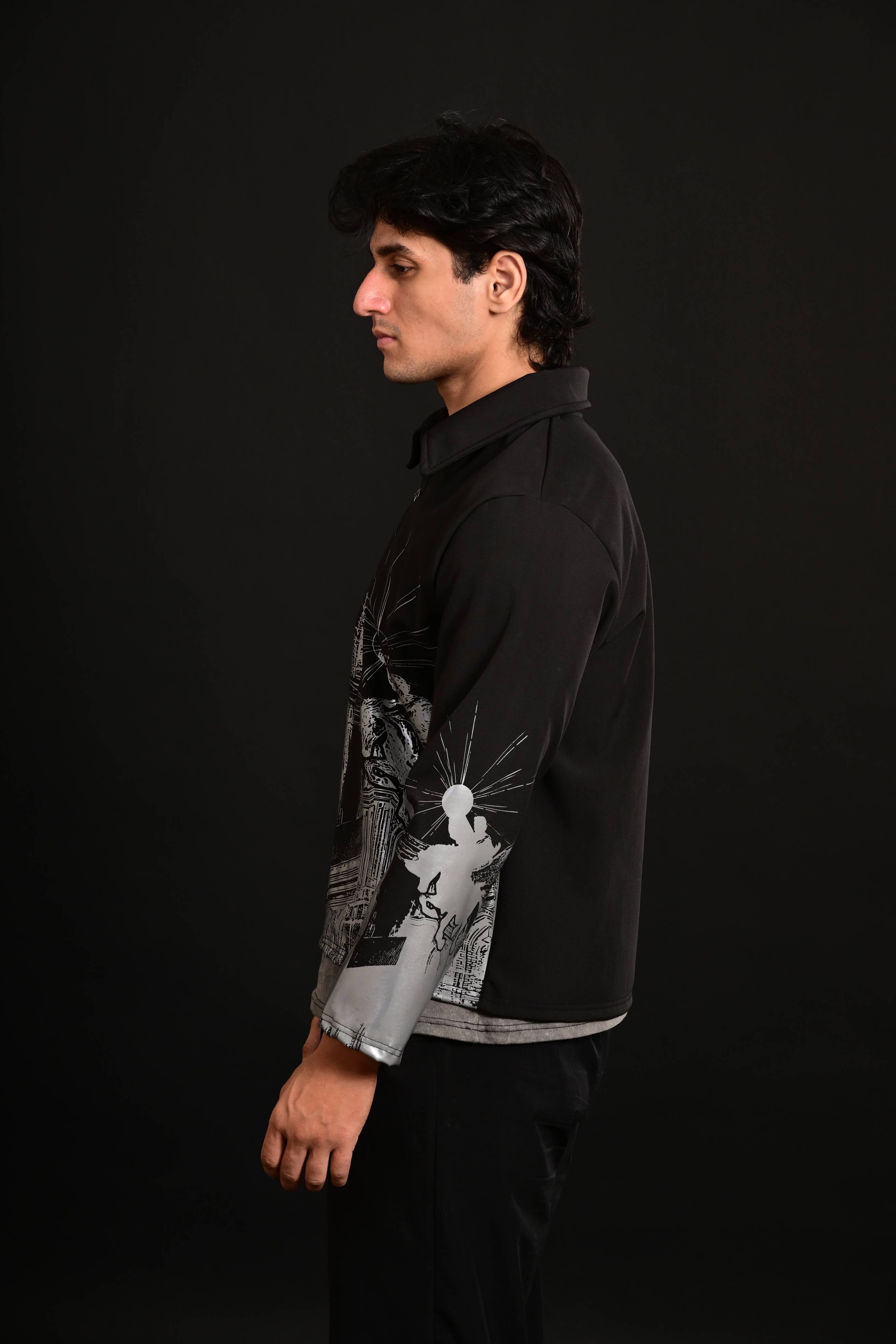 Black statement jacket for men with monochrome artwork