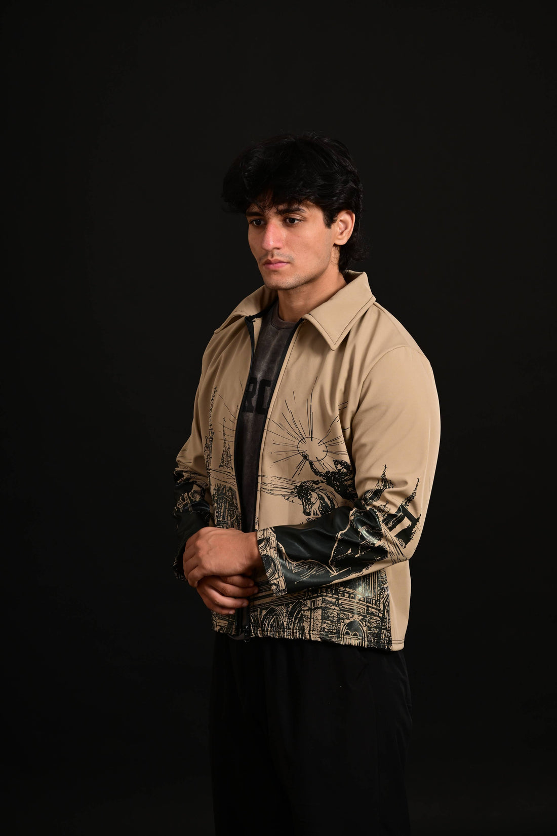 Men wearing buff printed winter jacket Pakistan
