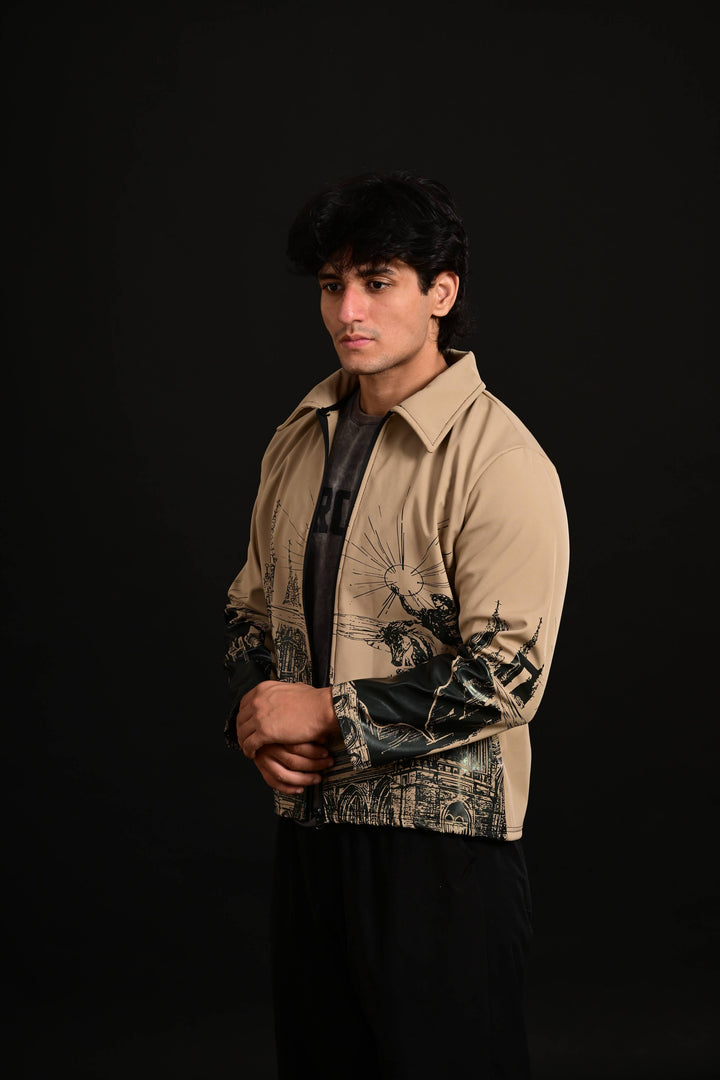 Men wearing buff printed winter jacket Pakistan
