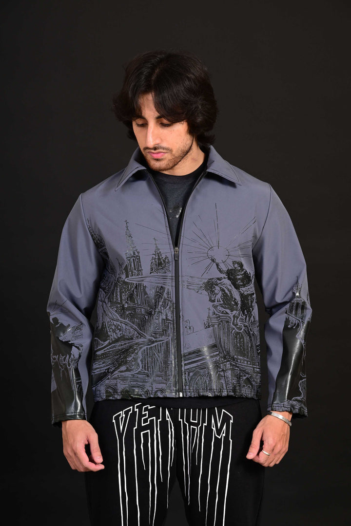 Men wearing navy printed winter jacket Pakistan