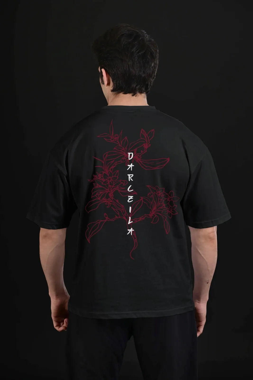 Black Floral Drop Shoulder Tee - Leading Gym Brand Pakistan